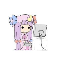 Rule 34 | 1girl, chibi, computer, controller, crescent, female focus, game controller, hat, long hair, monitor, nakashino setsu, patchouli knowledge, playing games, purple hair, ribbon, solo, touhou, video game
