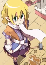 Rule 34 | 1girl, absurdres, arm warmers, bad id, bad pixiv id, blonde hair, d@i, failure, female focus, green eyes, hammer, heart, highres, mizuhashi parsee, pointy ears, scarf, short hair, solo, tears, touhou, translation request