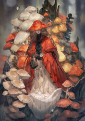 Rule 34 | 1girl, artist name, black gloves, black neckwear, blurry, blurry background, brown hair, bug, butterfly, cloak, covered eyes, dress, female focus, full body, gloves, highres, holding, insect, light particles, long hair, mushroom, original, outdoors, parted lips, red cloak, red headwear, red lips, signature, solo, standing, teeth, test tube, tree stump, turtleneck, very long hair, white butterfly, white dress, witch, yoshioka (haco)