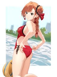 Rule 34 | 1girl, adjusting clothes, adjusting swimsuit, arisugawa natsuha, ass, bare arms, bare back, bare legs, bare shoulders, black eyes, braid, braided ponytail, breasts, cowlick, earrings, hair ornament, hair ribbon, halterneck, hat, highres, idolmaster, idolmaster shiny colors, jewelry, kneeling, long hair, looking at viewer, looking back, low-tied long hair, medium breasts, merisu, nail polish, one-piece swimsuit, orange hair, red one-piece swimsuit, red ribbon, ribbon, side-tie swimsuit, side ponytail, sideburns, smile, solo, sun hat, swimsuit, tree, water