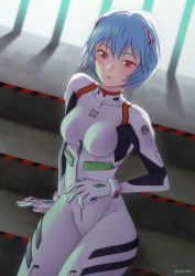 Rule 34 | 1girl, arm support, artist name, ayanami rei, blue hair, bodysuit, breasts, commission, highres, interface headset, light blush, looking at viewer, medium breasts, neon genesis evangelion, parted lips, plugsuit, red eyes, risu kurosaki, short hair, skin tight, stairs, thighs, twitter username, white bodysuit