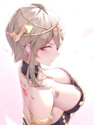 Rule 34 | 1girl, absurdres, armlet, back tattoo, bare shoulders, blush, breasts, cleavage, detached collar, from above, hair ornament, hair over one eye, heart, highres, honkai (series), honkai impact 3rd, large breasts, long bangs, looking to the side, mole, mole under eye, pink eyes, rita rossweisse, rita rossweisse (spina astera), ruo zhishi chu jian, sideboob, sidelocks, tattoo