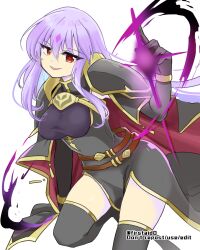 Rule 34 | 1girl, alternate costume, arm up, armor, belt, breasts, corruption, dark persona, evil smile, facial mark, fire emblem, fire emblem: genealogy of the holy war, forehead mark, julia (fire emblem), large breasts, long hair, magic, mind control, multiple belts, nintendo, purple hair, red eyes, shoulder armor, smile, solo, thighhighs, thighs, yukia (firstaid0)