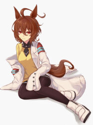 Rule 34 | 1girl, agnes tachyon (umamusume), ahoge, animal ears, black pantyhose, black shirt, breasts, brown hair, closed mouth, coat, collared shirt, commentary, hair between eyes, horse ears, horse girl, horse tail, lab coat, looking at viewer, medium breasts, open clothes, open coat, pantyhose, peperoncino-sama, red eyes, shirt, short hair, simple background, sitting, sleeves past fingers, sleeves past wrists, smile, solo, sweater vest, tail, umamusume, very long sleeves, white background, white coat, white footwear, yellow sweater vest, yokozuwari