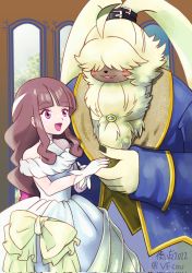 Rule 34 | 1boy, 1girl, angoramon, beauty and the beast, brown hair, digimon, digimon ghost game, formal, highres, long hair, looking at another, parody, pink eyes, rabbit, ribbon, size difference, tsukiyono ruli