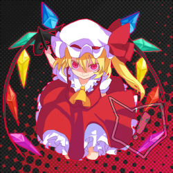 Rule 34 | !, 1girl, ascot, bad id, bad pixiv id, bow, crystal, female focus, flandre scarlet, hat, hat bow, laevatein, lowres, puffy sleeves, red eyes, shionty, short hair, short sleeves, side ponytail, smile, solo, touhou, weapon, wings