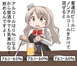 Rule 34 | 1girl, alcohol, beer can, bow, bowtie, brown eyes, can, commentary request, corset, drink can, glass, grey hair, hat, highres, kantai collection, mini hat, nanakusa suzuna, pola (kancolle), pouring, red bow, red bowtie, shirt, solo, thick eyebrows, tilted headwear, translation request, wavy hair, white shirt