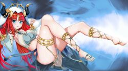 Rule 34 | 1girl, :o, absurdres, aqua eyes, blue background, blue gemstone, blue nails, blue skirt, blush, bracer, breasts, brooch, circlet, crop top, fake horns, feet, feet up, full body, gem, genshin impact, gladiator sandals, gold trim, gradient background, hands up, harem outfit, highres, horns, jewelry, leaning back, legs, long hair, long sleeves, low twintails, medium breasts, nail polish, neck ring, nilou (genshin impact), parted bangs, parted lips, pelvic curtain, puffy long sleeves, puffy sleeves, red hair, sandals, shiny skin, sitting, skirt, thighlet, thighs, toeless footwear, toes, twintails, veand, veil, white headwear