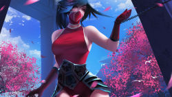 Rule 34 | 1girl, absurdres, akali, bad id, bad pixiv id, bird, black hair, blue sky, breasts, chain, cloud, d-han, gloves, highres, league of legends, leotard, mask, mask on head, medium breasts, mouth mask, petals, red eyes, red gloves, signature, sky, solo, tree, upper body