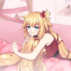 Rule 34 | 1girl, absurdres, akai haato, akai haato (gothic lolita), armpit crease, bed, bedroom, blonde hair, blue eyes, bow, empty eyes, finger to mouth, hair bow, hair ornament, hair ribbon, heart, heart hair ornament, highres, hololive, letter, long hair, looking at viewer, moomuns, ribbon, severed head, shushing, smile, virtual youtuber