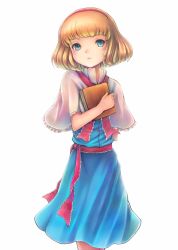 Rule 34 | 1girl, alice margatroid, bad id, bad pixiv id, blonde hair, blue eyes, book, hugging book, capelet, dress, female focus, hairband, highres, holding, holding book, hugging object, ribbon, sanntouhei, short hair, smile, solo, touhou