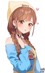 Rule 34 | 1girl, :o, black choker, blush, braid, breasts, brown hair, choker, dated, earrings, heart, heart print, hickey, highres, idolmaster, idolmaster shiny colors, jewelry, looking at viewer, medium breasts, myeolchi, off-shoulder shirt, off shoulder, print shirt, ring, shirt, signature, simple background, skirt, solo, sonoda chiyoko, suspender skirt, suspenders, sweatdrop, twintails, upper body, white background, yellow headwear