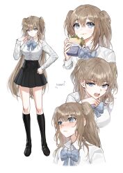 Rule 34 | 1girl, :t, absurdres, black footwear, black skirt, black socks, blue bow, blue bowtie, blue eyes, blush, bow, bowtie, breasts, brown hair, closed mouth, collared shirt, cropped torso, eating, food, food on face, full body, furrowed brow, hair between eyes, hand on own chin, hand on own hip, hand to own mouth, hand up, highres, holding, holding food, kneehighs, large breasts, loafers, long hair, looking at viewer, miniskirt, multiple views, open mouth, original, pleated skirt, raku (clearpage), sandwich, school uniform, shirt, shoes, shy, skirt, socks, standing, teeth, two side up, very long hair, white background, white shirt