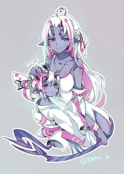 Rule 34 | 2girls, 8rats, bare shoulders, blue skin, breasts, child, collarbone, colored skin, commentary, detached sleeves, dress, grey background, hand on head, holding, holding person, horns, long hair, looking at viewer, medium breasts, multiple girls, original, pointy ears, ponytail, saliva, short hair, simple background, smile, tail, tearing up, white dress, white hair