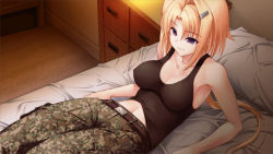 Rule 34 | 1girl, bedroom, blonde hair, breasts, camouflage, camouflage pants, cleavage, closed mouth, collarbone, covered erect nipples, ellen aice, game cg, hair between eyes, hair ornament, hairclip, indoors, long hair, low ponytail, lying, medium breasts, midriff, muv-luv, muv-luv alternative, muv-luv alternative strike frontier, navel, official art, on back, pants, pillow, purple eyes, sleeveless, smile, solo, stomach, very long hair