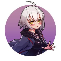 Rule 34 | 1girl, :3, ahoge, black jacket, blush, breasts, commentary, commission, english commentary, fate/grand order, fate (series), fleur-de-lis, fur trim, grey hair, hair between eyes, jacket, jeanne d&#039;arc (fate), jeanne d&#039;arc alter (fate), jeanne d&#039;arc alter (ver. shinjuku 1999) (fate), jewelry, long sleeves, looking at viewer, necklace, official alternate costume, parted lips, purple background, short hair, smile, solo, symbol-only commentary, umenodo, upper body, yellow eyes