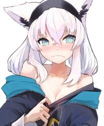 Rule 34 | :s, @ @, animal ear fluff, animal ears, aqua eyes, black hairband, black shirt, blue jacket, breasts, choppy bangs, cleavage, clothes pull, crossed bangs, embarrassed, fox ears, hairband, hashtag-only commentary, highres, hololive, jacket, light blush, medium hair, nyucha, off shoulder, official alternate costume, open clothes, open jacket, shirakami fubuki, shirakami fubuki (loungewear), shirt, shirt pull, sidelocks, simple background, unzipped, upper body, virtual youtuber, white background, white hair