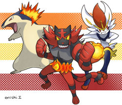 Rule 34 | bad id, bad pixiv id, cinderace, commentary request, creature, creatures (company), furry, game freak, gen 2 pokemon, gen 7 pokemon, gen 8 pokemon, highres, incineroar, looking at viewer, nintendo, pokemon, pokemon (creature), signature, striped, striped background, typhlosion, yukari (yukari21653710)