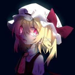 Rule 34 | 1girl, black background, black vest, blonde hair, blood, blood on clothes, blood on face, bow, bright pupils, commentary request, crying, crying with eyes open, fang, flandre scarlet, hair between eyes, hat, hat bow, highres, looking at viewer, medium hair, mob cap, one side up, open mouth, pointy ears, red bow, red eyes, solo, tears, touhou, upper body, vest, violet (qs312556616), white hat, wings