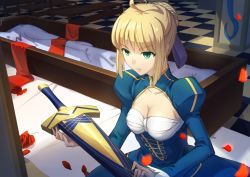 Rule 34 | 1girl, ahoge, artoria pendragon (fate), avalon (fate/stay night), blonde hair, breasts, canzhajiang, cleavage, dress, excalibur (fate/stay night), fate/stay night, fate (series), female focus, green eyes, hair ribbon, highres, juliet sleeves, long sleeves, md5 mismatch, puffy sleeves, ribbon, saber (fate), sheath, sheathed, solo, sword, weapon