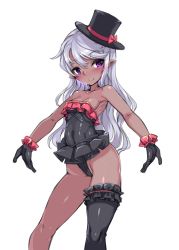 Rule 34 | 1girl, absurdres, black gloves, blush, breasts, cleavage, dark-skinned female, dark skin, frills, gloves, harigane shinshi, hat, highres, leotard, light purple hair, long hair, looking at viewer, original, pointy ears, purple eyes, single thighhigh, small breasts, smile, solo, standing, strapless, strapless leotard, thighhighs, top hat, white background