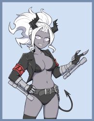 Rule 34 | 1girl, armband, belt, black jacket, breasts, claws, cleavage, clenched teeth, collarbone, cuffs, demon girl, demon horns, demon tail, hair up, hand on own hip, helltaker, highres, horns, index finger raised, jacket, judgement (helltaker), legs apart, looking at viewer, medium breasts, midriff, navel, open clothes, open jacket, open mouth, pulledintonzrth, sidelocks, simple background, smile, solo, tail, teeth, thighhighs, thighs, two-tone background, white eyes, white hair
