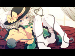Rule 34 | 1girl, bed, blush, bow, bridal garter, canopy bed, dise (psychoro), green eyes, hat, hat bow, heart, heart of string, komeiji koishi, letterboxed, long sleeves, looking at viewer, lying, on back, on bed, pantyhose, pillow, shirt, silver hair, skirt, smile, solo, spread legs, third eye, touhou, white pantyhose, wide sleeves