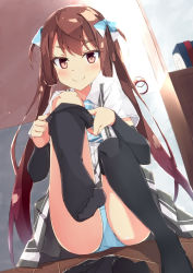 Rule 34 | 1girl, alarm clock, arm warmers, asagumo (kancolle), beritabo, black thighhighs, blue bow, blue panties, blush, bow, brown eyes, brown hair, chest of drawers, clock, closed mouth, collared shirt, commentary request, dress shirt, grey skirt, hair bow, hair rings, highres, kantai collection, long hair, looking at viewer, no shoes, on floor, panties, pleated skirt, pulled by self, shirt, short sleeves, sitting, skirt, smile, solo, suspender skirt, suspenders, thighhighs, thighhighs pull, twintails, underwear, very long hair, white shirt, wooden floor