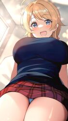 Rule 34 | 1girl, :d, ahoge, blonde hair, blue eyes, blue shirt, blue skirt, blush, breasts, commentary request, from below, hachimiya meguru, highres, idolmaster, idolmaster shiny colors, indoors, large breasts, looking at viewer, open mouth, plaid, plaid skirt, red skirt, shiitake taishi, shirt, skirt, smile, solo, thighs