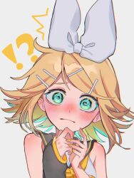 Rule 34 | !?, 1girl, @ @, ^^^, bare shoulders, blonde hair, blush, bow, confused, detached sleeves, embarrassed, floating hair, green eyes, hair bow, hair ornament, hairclip, kagamine rin, neckerchief, nose blush, piroooo219, sailor collar, short hair, solo, surprised, vocaloid, white bow, wide-eyed, yellow nails, yellow neckerchief