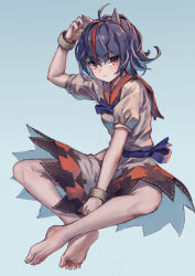 Rule 34 | 1girl, ahoge, barefoot, black hair, blue background, blue neckwear, bracelet, commentary request, cone horns, dress, full body, grey horns, hand up, highres, horns, indian style, jewelry, kijin seija, looking at viewer, multicolored hair, red eyes, red hair, short hair, short sleeves, sitting, solo, streaked hair, touhou, white dress, yanyan (shinken gomi)
