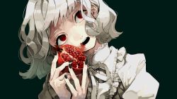 Rule 34 | 1girl, albino, empty eyes, food, food on face, fruit, head tilt, high collar, highres, holding, holding food, lace, looking to the side, nail polish, open mouth, original, pomegranate, puffy sleeves, red eyes, ribbon, shaded face, short hair, solo, tomizu, white hair, yonic symbol