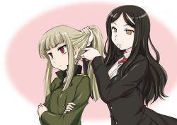 Rule 34 | 2girls, adjusting another&#039;s hair, adjusting hair, black hair, black jacket, blonde hair, blunt bangs, brown jacket, bunching hair, constantia cantacuzino, grete m. gollob, hair tie, jacket, light smile, long hair, long sleeves, military, military uniform, mouth hold, multiple girls, red eyes, strike witches, tying hair, uniform, upper body, wan&#039;yan aguda, world witches series, yellow eyes