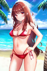 Rule 34 | 1girl, absurdres, armpits, bare arms, bare shoulders, beach, bikini, breasts, brown hair, cleavage, closed mouth, contrapposto, cowboy shot, day, expressionless, halterneck, hand on own hip, highleg, highleg bikini, highres, hwa sawa, long hair, looking at viewer, medium breasts, multi-strapped bikini, navel, ocean, original, outdoors, red bikini, red eyes, side-tie bikini bottom, solo, standing, stomach, string bikini, sunlight, swimsuit, thighs, very long hair