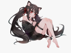 Rule 34 | 1girl, absurdres, animal ear fluff, animal ears, bags under eyes, black choker, black hair, cat ears, cat girl, cat tail, choker, full body, highres, red eyes, shouwang, simple background, solo, stylus, sweater, tablet pc, tail, thigh strap, twintails, white background, writing, xingye