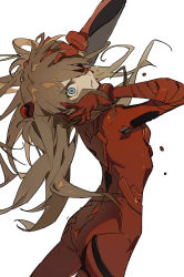 Rule 34 | 1girl, absurdres, ass, blood, blood on face, blue eyes, bodysuit, breasts, clenched teeth, cowboy shot, evangelion: 3.0 you can (not) redo, floating hair, from behind, furrowed brow, hair ornament, hair over one eye, hairpods, highres, light brown hair, long hair, looking at viewer, looking back, neon genesis evangelion, open mouth, plugsuit, rebuild of evangelion, red bodysuit, simple background, small breasts, solo, souryuu asuka langley, straight hair, swept bangs, teeth, very long hair, white background, zhibuji loom