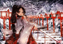 Rule 34 | 1girl, :d, bare tree, black hair, brown eyes, commentary request, hair ornament, hair ribbon, hakama, hakama skirt, japanese clothes, kantai collection, kariginu, lamppost, long hair, long sleeves, looking at viewer, miko, nisshin (kancolle), open mouth, outdoors, parted bangs, ponytail, red hakama, red ribbon, ribbon, ribbon-trimmed sleeves, ribbon trim, signature, skirt, smile, snow, snowing, solo, stairs, standing, teeth, toka (marchlizard), tree, very long hair, wide sleeves, winter