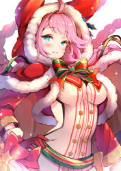 Rule 34 | 1girl, ahoge, aki663, aqua eyes, backless outfit, belt, blush, breasts, capelet, christmas, erune, fur-trimmed gloves, fur-trimmed headwear, fur-trimmed hood, fur trim, gloves, granblue fantasy, hand on own hip, highres, hood, hood up, hooded capelet, large breasts, long hair, long sleeves, looking at viewer, parted lips, pilokey, pink hair, red capelet, red gloves, red headwear, red hood, santa costume, smile, solo, tien (graceful elf&#039;s gown) (granblue fantasy), tien (granblue fantasy), very long hair