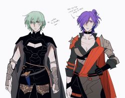 Rule 34 | 2girls, adapted costume, alternate hair length, alternate hairstyle, black coat, black shorts, breasts, bustier, byleth (female) (fire emblem), byleth (fire emblem), cleavage, coat, fire emblem, fire emblem: three houses, fire emblem warriors, fire emblem warriors: three hopes, green hair, hair between eyes, hair ornament, highres, large breasts, looking at viewer, medium hair, multiple girls, navel, nintendo, open mouth, oratoza, pantyhose, purple eyes, purple hair, scar, shez (female) (fire emblem), shez (fire emblem), short hair, shorts, simple background
