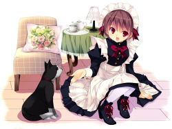 Rule 34 | 1girl, brown hair, cat, chair, couch, cup, kobayashi chisato, lamp, maid, pillow, red eyes, short hair, sitting, table, teacup, teapot, thighhighs