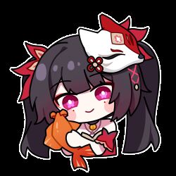 Rule 34 | 1girl, animal, animated, animated gif, bare shoulders, bell, black choker, blush stickers, bow, brown hair, chibi, choker, closed mouth, cropped torso, dress, euyueuy, eyeliner, fish, fox mask, hair bow, holding, holding animal, holding fish, honkai: star rail, honkai (series), long bangs, long hair, looking at viewer, makeup, mask, mask on head, neck bell, outline, pink eyes, red bow, red dress, red eyeliner, sidelocks, sleeveless, sleeveless dress, smile, solo, sparkle (honkai: star rail), transparent background, twintails, white outline