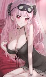 Rule 34 | 1girl, :&lt;, absurdres, bare shoulders, black choker, black pajamas, black scrunchie, blush, breasts, choker, cleavage, collarbone, earrings, hair ornament, hair scrunchie, highres, holding strap, hololive, hololive english, jewelry, large breasts, lips, long hair, looking at viewer, mori calliope, mori calliope (sleepwear), pajamas, parted lips, pink hair, pink theme, print scrunchie, red eyes, scrunchie, skull collar, skull earrings, skull hair ornament, skull print, sleep mask, solo, twintails, uni ikura, virtual youtuber