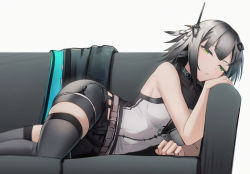 Rule 34 | 1girl, absurdres, arknights, bare arms, bare shoulders, black choker, black shorts, choker, commentary request, feather hair, feet out of frame, green eyes, grey background, grey hair, grey thighhighs, greythroat (arknights), highres, infection monitor (arknights), lodbyy, lying, partial commentary, shirt, short hair, short shorts, shorts, sleeveless, sleeveless shirt, solo, thighhighs, white shirt