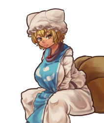 Rule 34 | 1girl, animal hat, blonde hair, breasts, brown eyes, chanta (ayatakaoisii), fox tail, hat, invisible chair, large breasts, mob cap, multiple tails, short hair, simple background, sitting, solo, tabard, tail, touhou, white background, white hat, yakumo ran