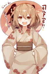 Rule 34 | 10s, 1girl, artist name, brown eyes, brown hair, commentary request, fang, hair ornament, hairclip, hands on own hips, ikazuchi (kancolle), japanese clothes, kantai collection, kimono, leaf print, long sleeves, maple leaf print, meth (emethmeth), obi, open mouth, sash, short hair, simple background, smile, solo, sparkle, translation request, wide sleeves