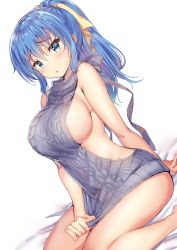 Rule 34 | 1girl, backless outfit, bare arms, bare shoulders, blue eyes, blue hair, breasts, dutch angle, frown, hair ribbon, highres, large breasts, long hair, looking at viewer, meme attire, no bra, original, parted lips, ponytail, ribbon, sanshoku amido, sideboob, simple background, sitting, solo, thighs, virgin killer sweater, white background