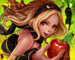 Rule 34 | 1girl, animal, apple, artist name, ass, bare shoulders, black hairband, black scarf, blonde hair, breasts, cat, cleavage, food, fruit, gravity daze, grin, hairband, holding, holding food, holding fruit, kitten (gravity daze), long hair, looking at viewer, magion02, medium breasts, nose, red eyes, scarf, smile, solo, teeth