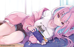Rule 34 | 1girl, ahoge, black shorts, blue hair, blue nails, closed mouth, controller, game controller, hair ornament, holding, holding controller, holding game controller, hololive, hong (white spider), indoors, jacket, long hair, long sleeves, lying, minato aqua, multicolored hair, official art, on side, open clothes, open jacket, pink hair, pink jacket, purple eyes, shirt, shorts, smile, solo, streaked hair, thighs, virtual youtuber, white shirt, x hair ornament