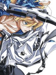 Rule 34 | 1boy, blonde hair, blue eyes, blue gloves, collarbone, colored eyelashes, dong hole, english text, gloves, guilty gear, guilty gear strive, highres, holding, holding sword, holding weapon, jacket, jacket on shoulders, ky kiske, male focus, open mouth, partially fingerless gloves, short hair, simple background, solo, sword, thunderseal, weapon, white background, white jacket