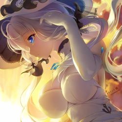 Rule 34 | 1girl, azur lane, blue eyes, breasts, cleavage, cloud, commentary request, dress, dutch angle, elbow gloves, gloves, hat, illustrious (azur lane), lace-trimmed headwear, lace trim, large breasts, paint musume, parted lips, profile, strapless, strapless dress, sun hat, sunset, tri tails, white dress, white gloves, white hat